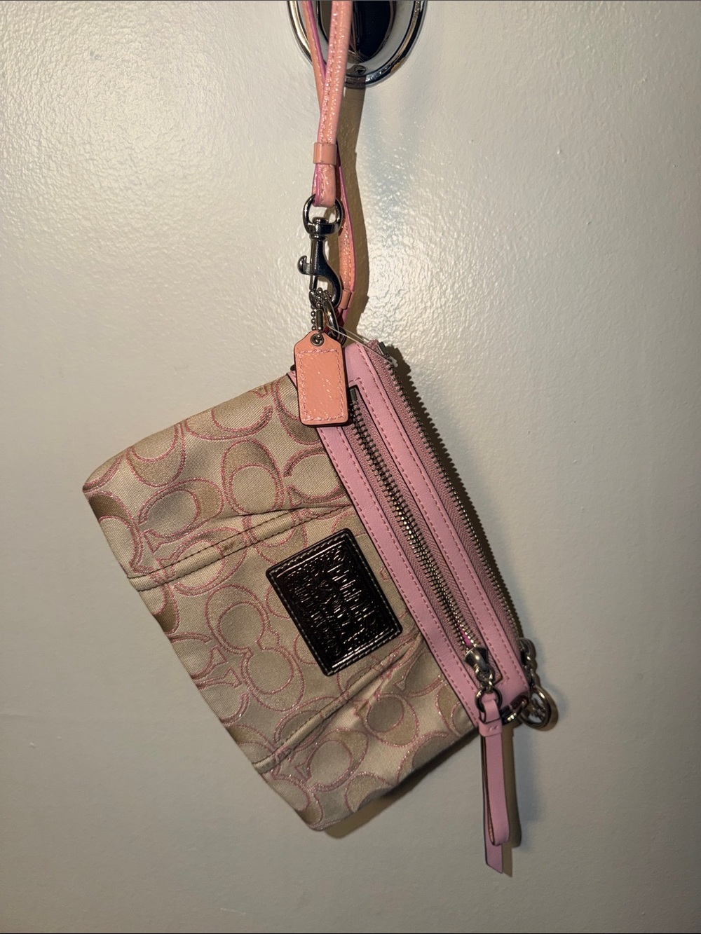 Coach Pink Signature Canvas Wristlet with Pale Pink Trim